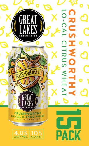 Great Lakes Brewing Co. Crushworthy Lo-Cal Citrus Wheat Ale Craft Beer Cans Perspective: left