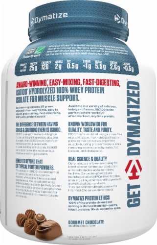 Dymatize® ISO100® Hydrolyzed Gourmet Chocolate 100% Whey Protein Isolate Powder Perspective: left