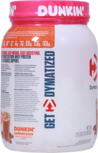 Dymatize ISO 100 Dunkin' Cappuccino Flavor Hydrolyzed Protein Powder Perspective: left