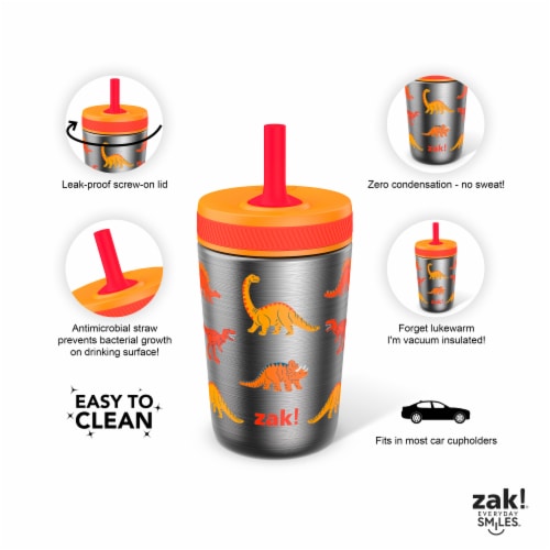 Zak! Designs Dinomite Antimicrobial Stainless Steel Double Walled Leakproof Water Bottle + Straw Perspective: left
