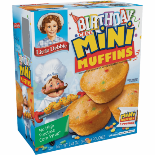 Birthday Cake Mini Muffins, 6 Boxes, 30 Travel Pouches of Bite Size Muffins Baked Perspective: left