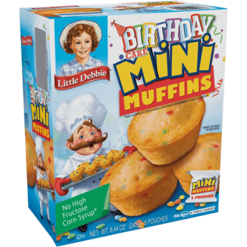 Little Debbie Birthday Cake Mini Muffins, 10 Boxes, 50 Travel Pouches of Bite Size Muffins Perspective: left