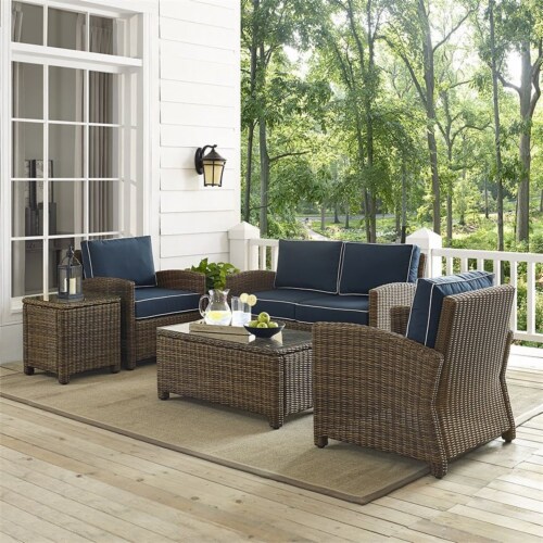 5-Piece Outdoor With Navy Cushions - Loveseat, Two Arm Chairs, Side Table & Glass Top Table Perspective: left