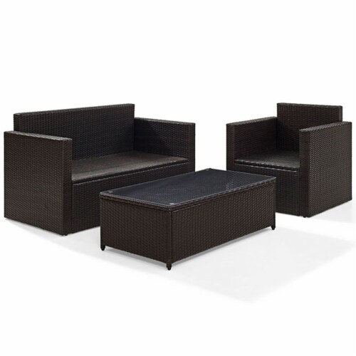 3 Piece Outdoor Wicker Seating Set With Gray Cushions - Loveseat, Chair & Glass Top Table Perspective: left