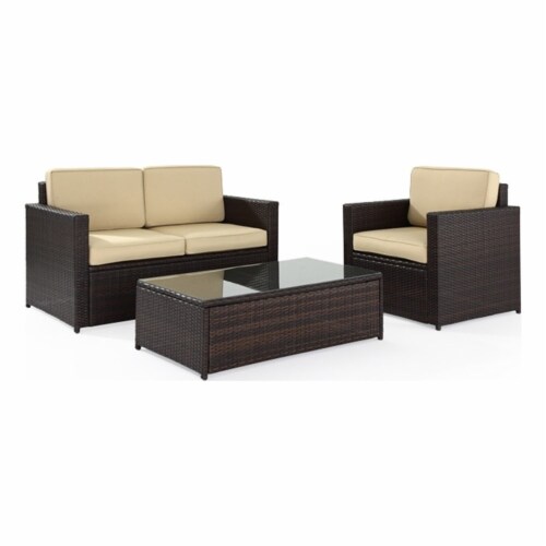 3 Piece Outdoor Wicker Seating Set With Sand Cushions - Loveseat, Chair & Glass Top Table Perspective: left