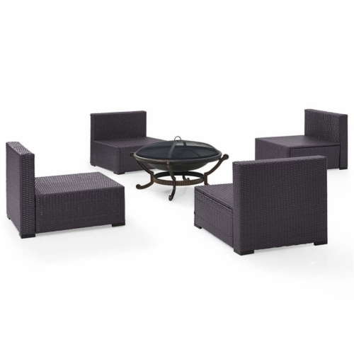 Biscayne Upholstery 5 Piece Wicker Patio Fire Pit Set in White-Crosley Perspective: left