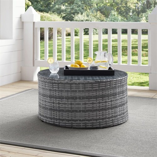 Crosley Catalina 32 Round Glass Top Wicker Patio Coffee Table in Gray