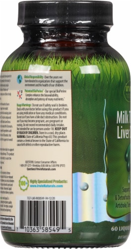 Irwin Naturals Milk Thistle Liver Detox Dietary Supplement Liquid Soft Gels Perspective: left