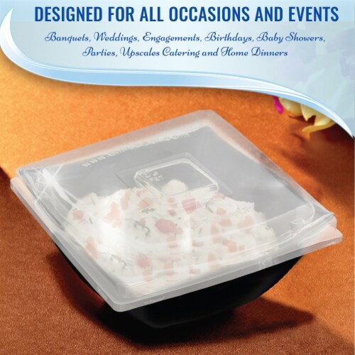 9.6  Clear Medium Square 64 oz. Bowl Disposable PET Lids (48 Lids) Perspective: left