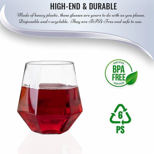12 oz. Clear Hexagonal Stemless Plastic Wine Goblets (64 Glasses) Perspective: left