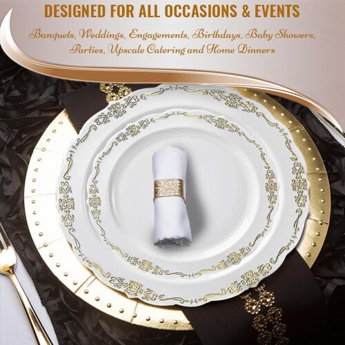 White with Gold Vintage Rim Round Disposable Plastic Wedding Value Set ...