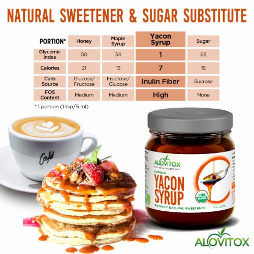 Certified Organic Pure Yacon Syrup USDA - Natural Sweetener Rich in Antioxidants, Glass Jar Perspective: left