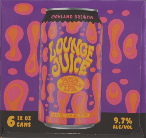 Highland Brewing Lounge Juice Tropical Double IPA Beer Cans Perspective: left