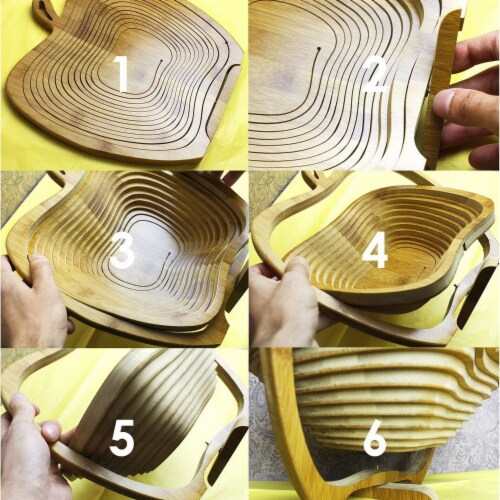 Juvale Apple Design Collapsible Bamboo Fruit Bowl - Fruit Basket, Brown, 10.5 x 11.7 x 8.7 Perspective: left