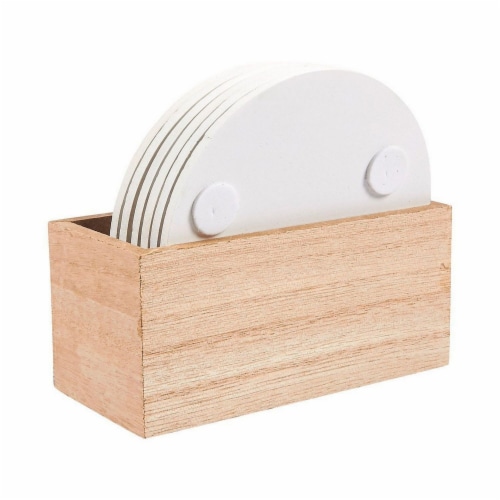 Juvale 6 Pack Round Wood Coasters with Holder, White Floral Design, 3.8 Inches Diameter Perspective: left