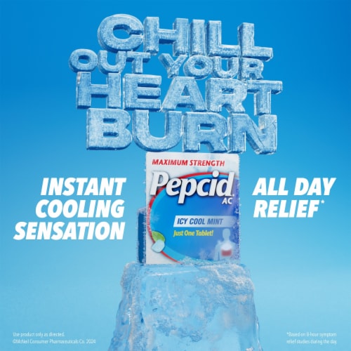 Pepcid AC Maximum Strength Heartburn Icy Cool Mint Tablets Perspective: left