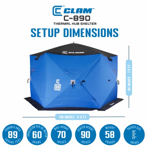 CLAM C-890 Portable 11.5 Ft 6 Person Pop Up Ice Fishing Thermal Hub Shelter  Tent, 1 Piece - QFC