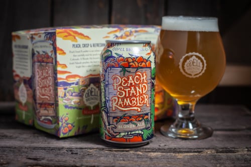 Odell Brewing Co. Peach Stand Rambler Seasonal Blonde Ale Craft Beer Cans Perspective: left