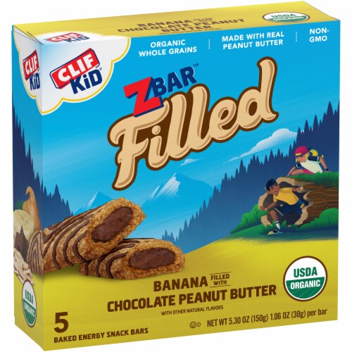 Clif Kid Organic ZBar Filled Banana With Chocolate Peanut Butter Baked Energy Snack Bars 5 Count Perspective: left