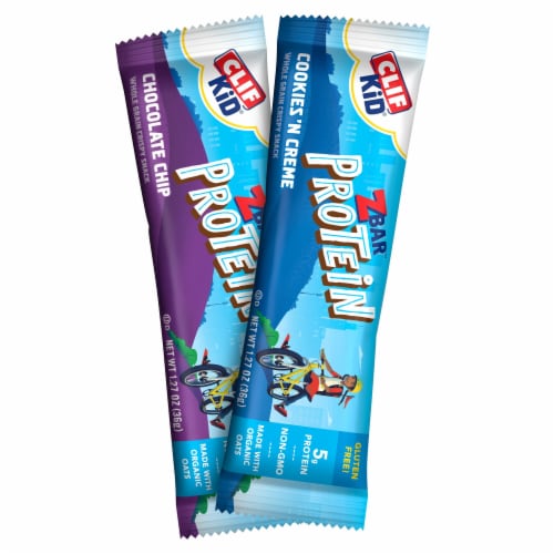 Clif Kid Zbar Protein Chocolate Chip And Cookies 'N Creme Crispy Snack Bars Value Pack Perspective: left