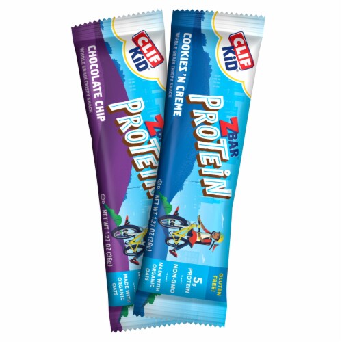 Clif Kid Zbar Protein Chocolate Chip And Cookies 'N Creme Crispy Snack Bars Value Pack Perspective: left
