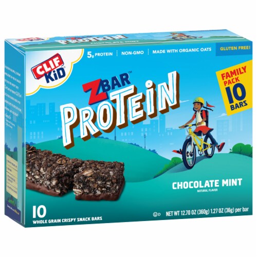Clif Kid Zbar Protein Chocolate Mint Crispy Snack Bars Perspective: left