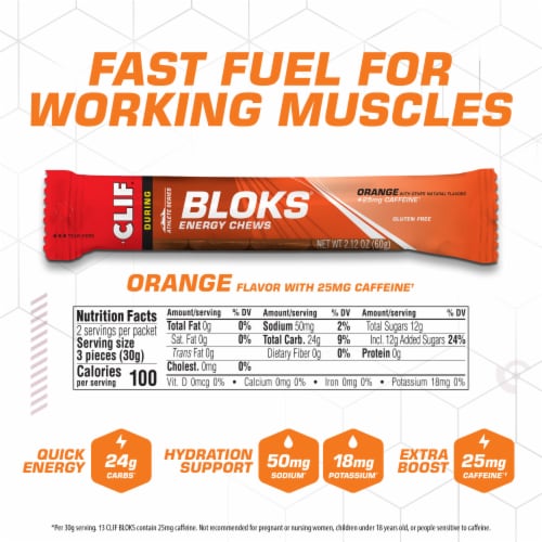 Clif Bloks Orange Flavor With Caffeine Energy Chews Perspective: left