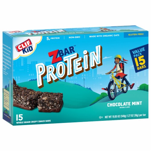 Clif Kid Zbar Protein Chocolate Mint Crispy Snack Bars Perspective: left