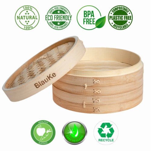 Bamboo Steamer Basket 10 Inch with 2 Pairs Chopsticks, Tongs and 50 Paper Liners Perspective: left
