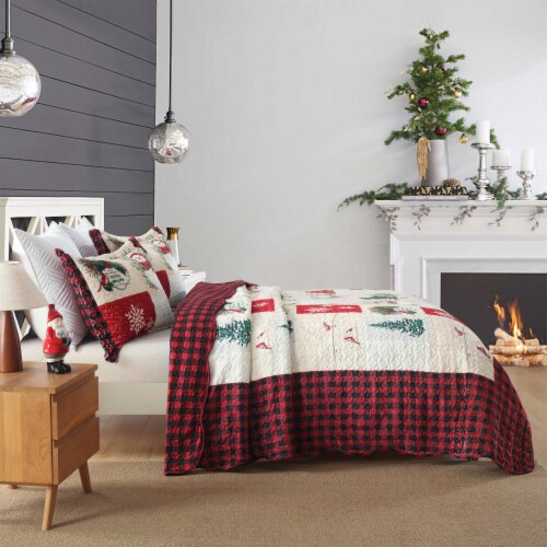 MarCielo 3 Piece Christmas Velvet Quilt Bedspread Set Snowman King Perspective: left