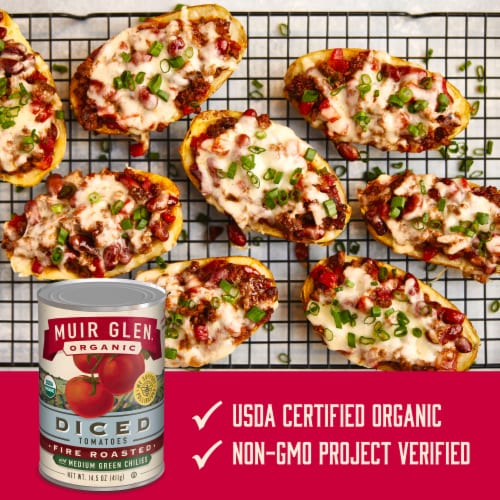 Muir Glen™ Organic Diced Fire Roasted with Medium Green Chilies Canned Tomatoes Perspective: left