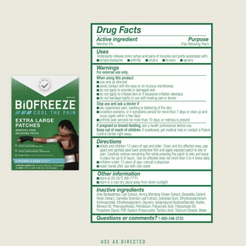 Biofreeze Menthol Back Knee Muscle Joint and ArthritisPain Relief XL Patches Perspective: left