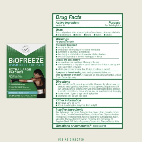 Biofreeze Menthol Back Knee Muscle Joint and ArthritisPain Relief XL Patches Perspective: left