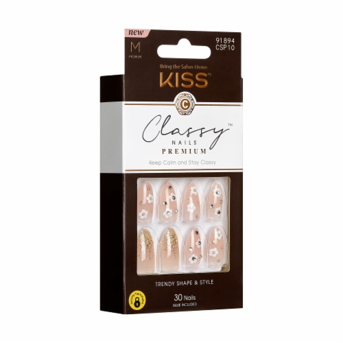 KISS Classy Nails Premium, Press-On Nails, Gleamin, White, Med Almond, 30 ct Perspective: left