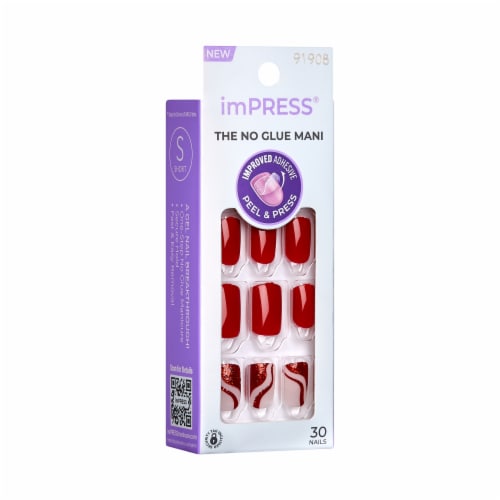 KISS imPRESS No Glue Mani Press On Nails, Mini, Endlessly, Red, Short Squoval, 30 ct Perspective: left