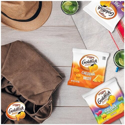 Goldfish Crackers Big Smiles Variety Pack, Cheddar, Colors & Pretzels, Snack Packs, 30 Count Perspective: left