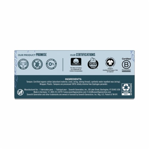 Seventh Generation Organic Cotton Regular Absorbency Tampons Non-Applicator Perspective: left