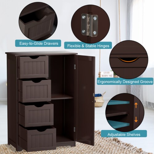 Wooden 4 Drawer Bathroom Cabinet Storage Cupboard 2 Shelves Free Standing Brown Perspective: left