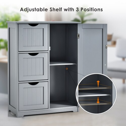 Costway Bathroom Floor Cabinet Side Storage Cabinet with 3 Drawers and 1 Cupboard Grey Perspective: left