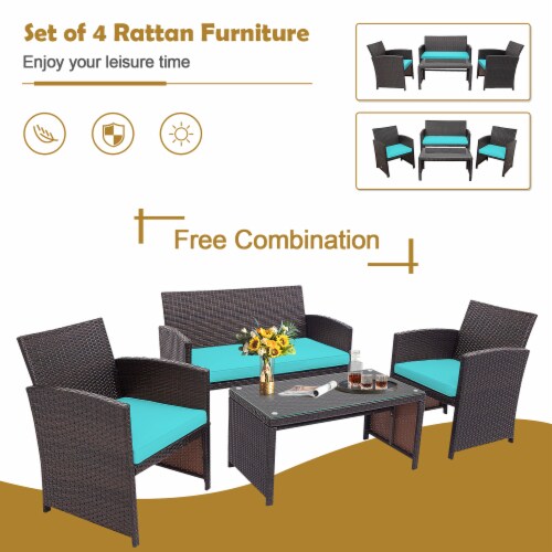 Costway 4PCS Patio Rattan Furniture Set Cushioned Chair Sofa