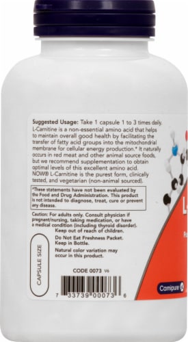 NOW Foods L-Carnitine Veg Capsules 500mg Perspective: left