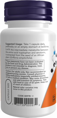 NOW® Foods 5-HTP Neurotransmitter Support Dietary Supplement Veg Capsules 50mg Perspective: left