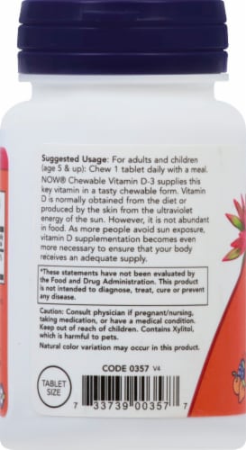 NOW Foods Vitamin D-3 Chewable Natural Fruit Flavor Tablets 1000IU Perspective: left
