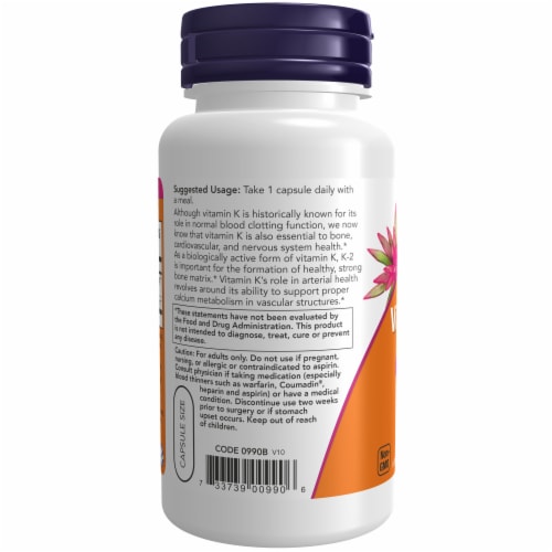 Now® Vitamin K-2 Veg Capsules 100mcg Perspective: left