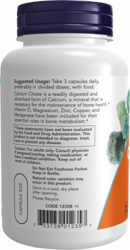 NOW® Calcium Citrate Dietary Supplement Veg Capsules Perspective: left
