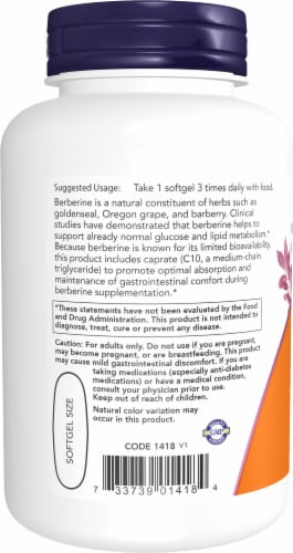 NOW® Foods Berberine Glucose Metabolism Support Health Dietary Supplement Softgels Perspective: left
