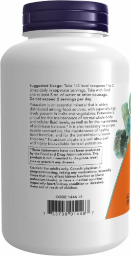 NOW® Potassium Citrate Essential Mineral Dietary Supplement Pure Powder Perspective: left