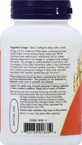 NOW Foods Omega 3-6-9 1000mg Softgels Perspective: left