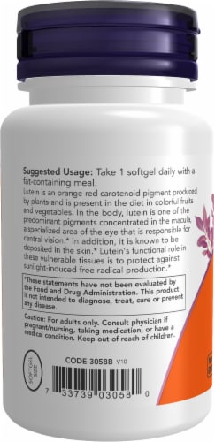 NOW Foods Lutein Eye Health Dietary Supplement Softgels 10mg Perspective: left