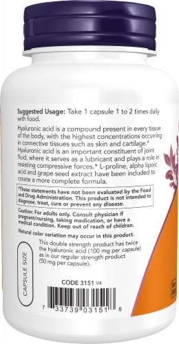 NOW Foods Hyaluronic Acid Veg Capsules 100 mg Perspective: left